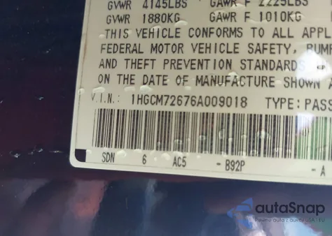 2006 Honda Accord 2.4 Ex from USA, damaged, VIN 1HGCM72676A009018